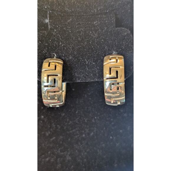 925 Sterling Silver Greek Key Post 1" Round 3/8" Wide Hoop Earrings - Picture 7 of 7